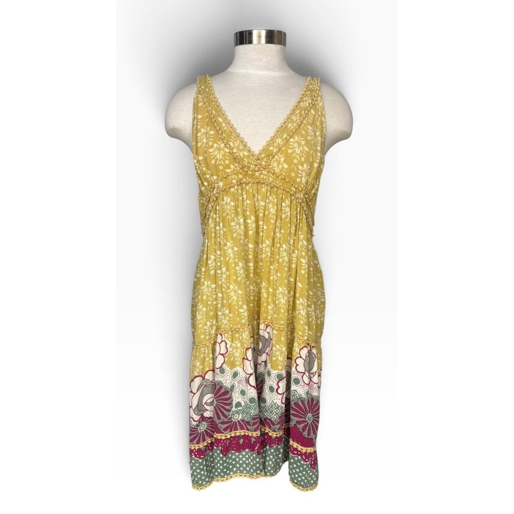 Urban Nomad Mustard Floral Midi Dress Empire Waist V Neck Boho Tiered Festival
